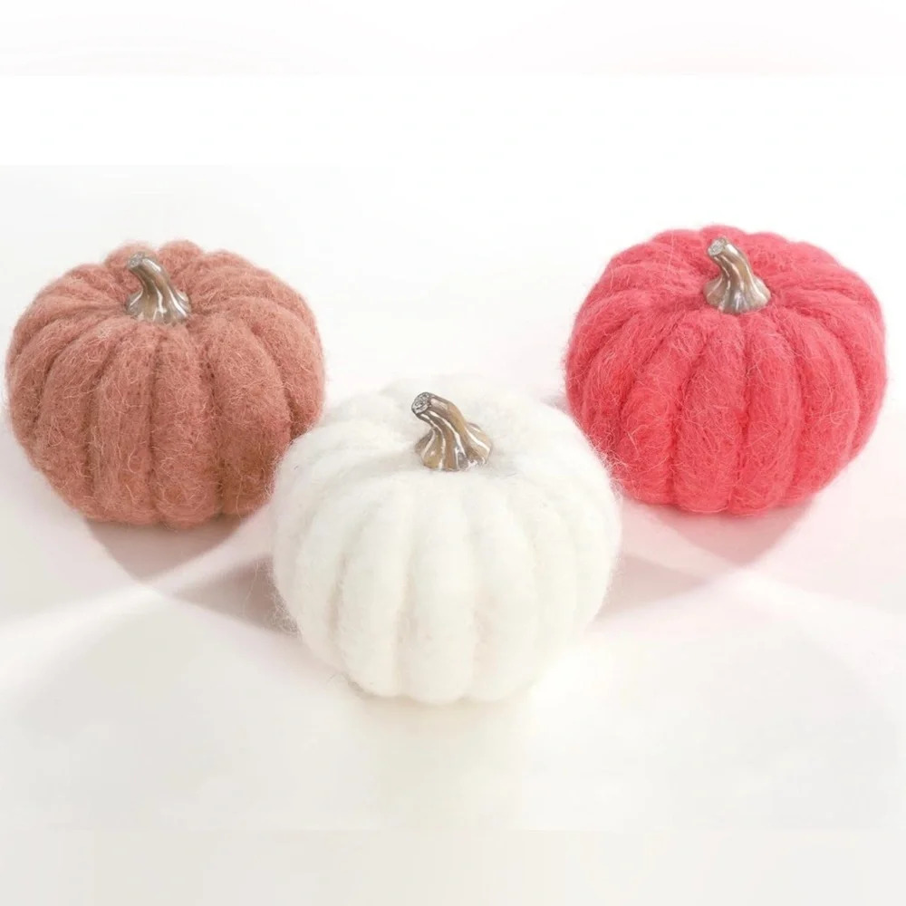 DECONATION 3Pcs Colored Pumpkin Decor, White and Pink Wool Pumpkins for Fall